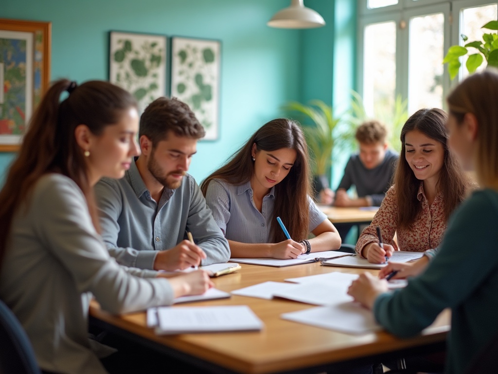 Ambiance d'un atelier d'écriture en groupe