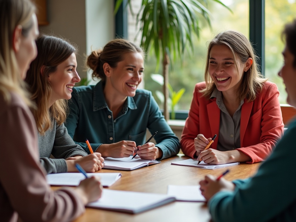 Petit groupe convivial qui écrit autour d'une table