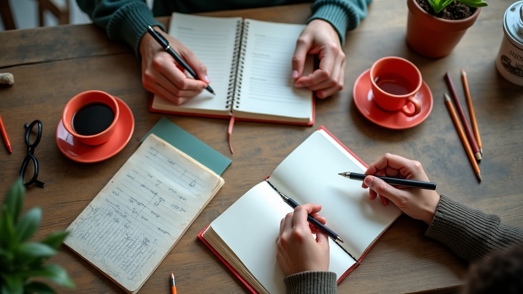 Table avec carnets et mains qui écrivent lors d'un atelier