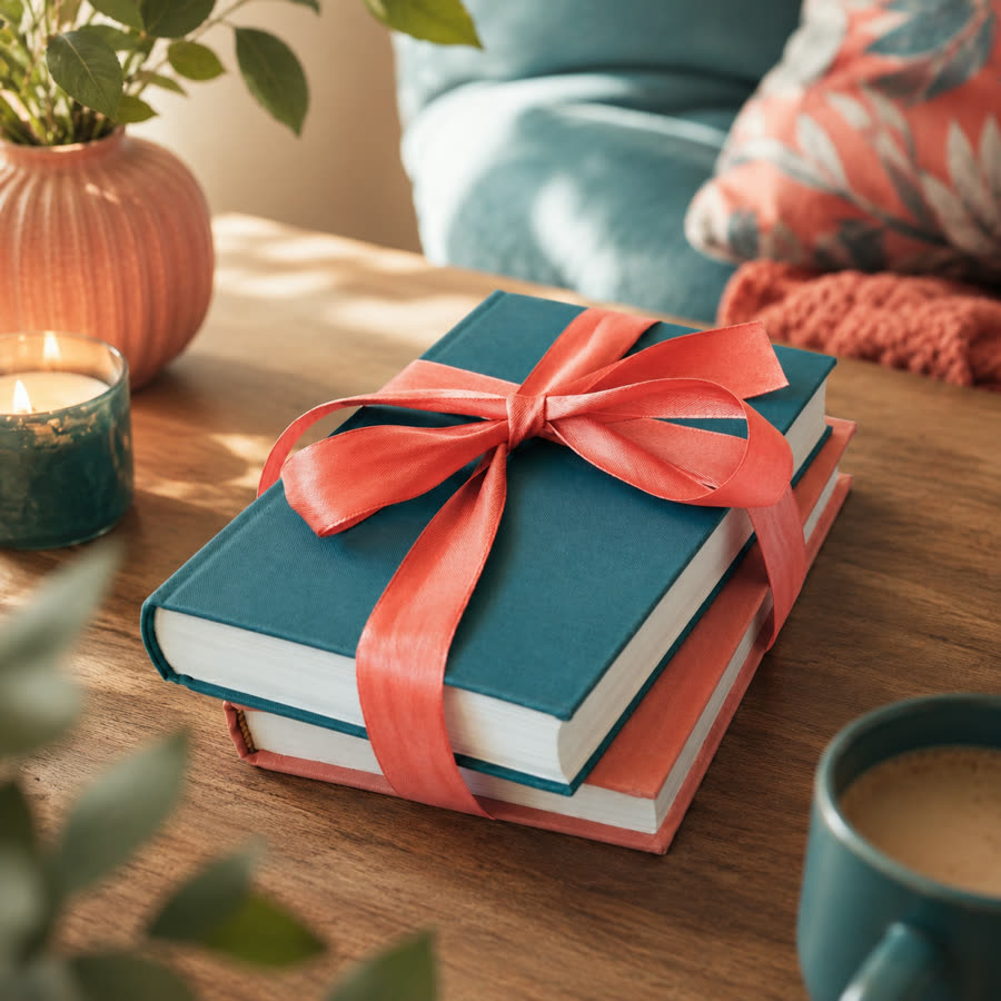 Deux livres reliés bleu canard et corail, noués d'un ruban, posés sur une table